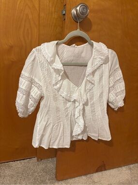 aerie White Ruffled V-Neck Cotton Blouse